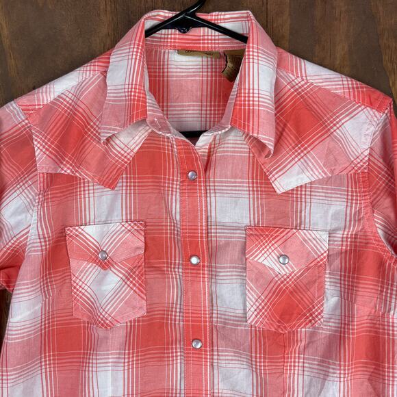 Wrangler Womens Shirt Orange White Plaid Pearl Snap Button Down Small - Picture 2 of 13